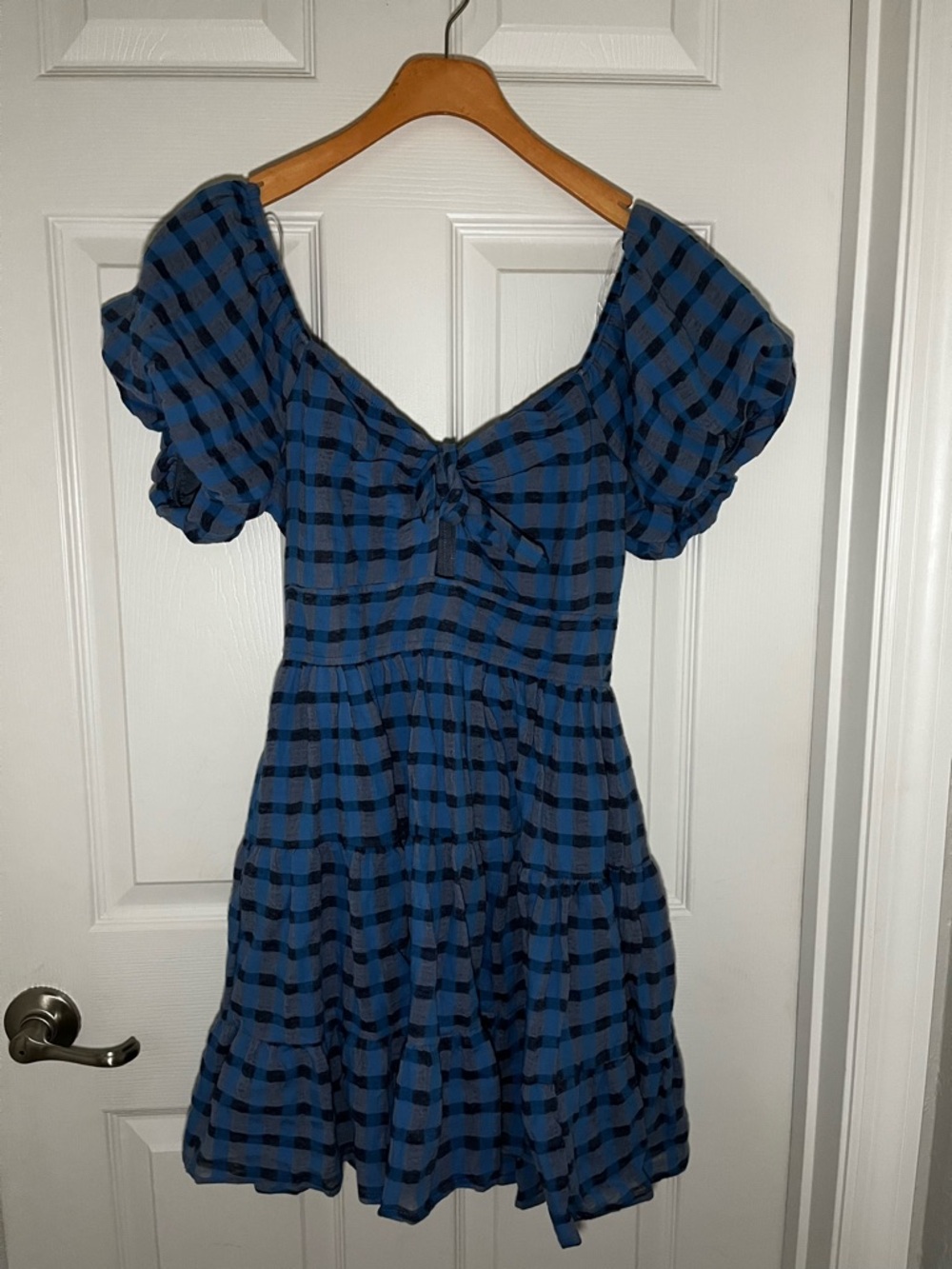 Francesca's Collections Blue and Black Gingham Puff-Sleeve Mini Dress